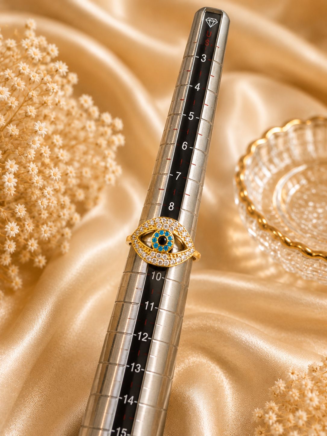 10K Yellow Gold Evil Eye Ring with CZ Stones Blue & Black Eye Statement Ring