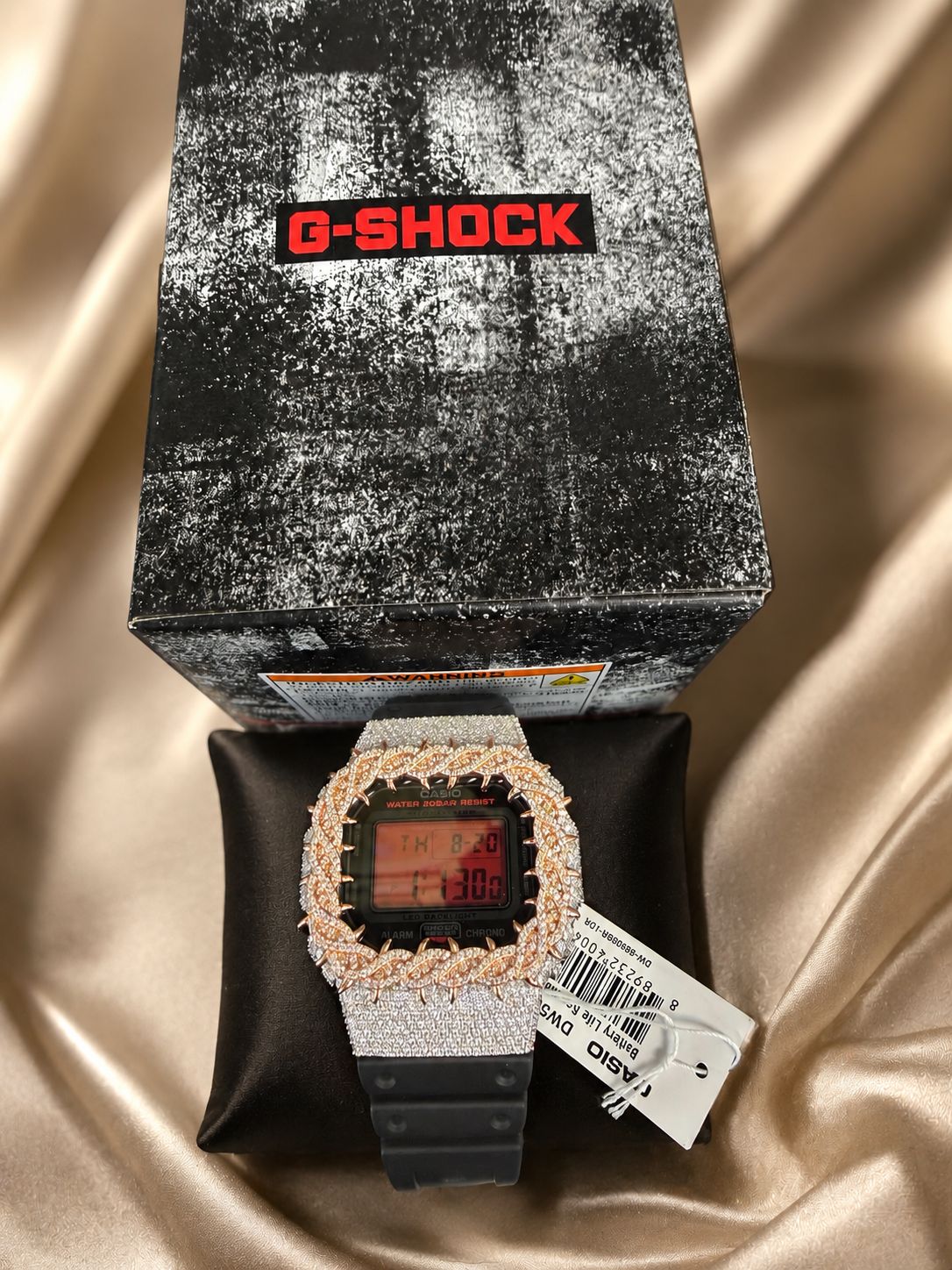 Casio G-Shock DW5600BBR-1 Custom Iced Out Moissanite Watch Rose Gold Tone
