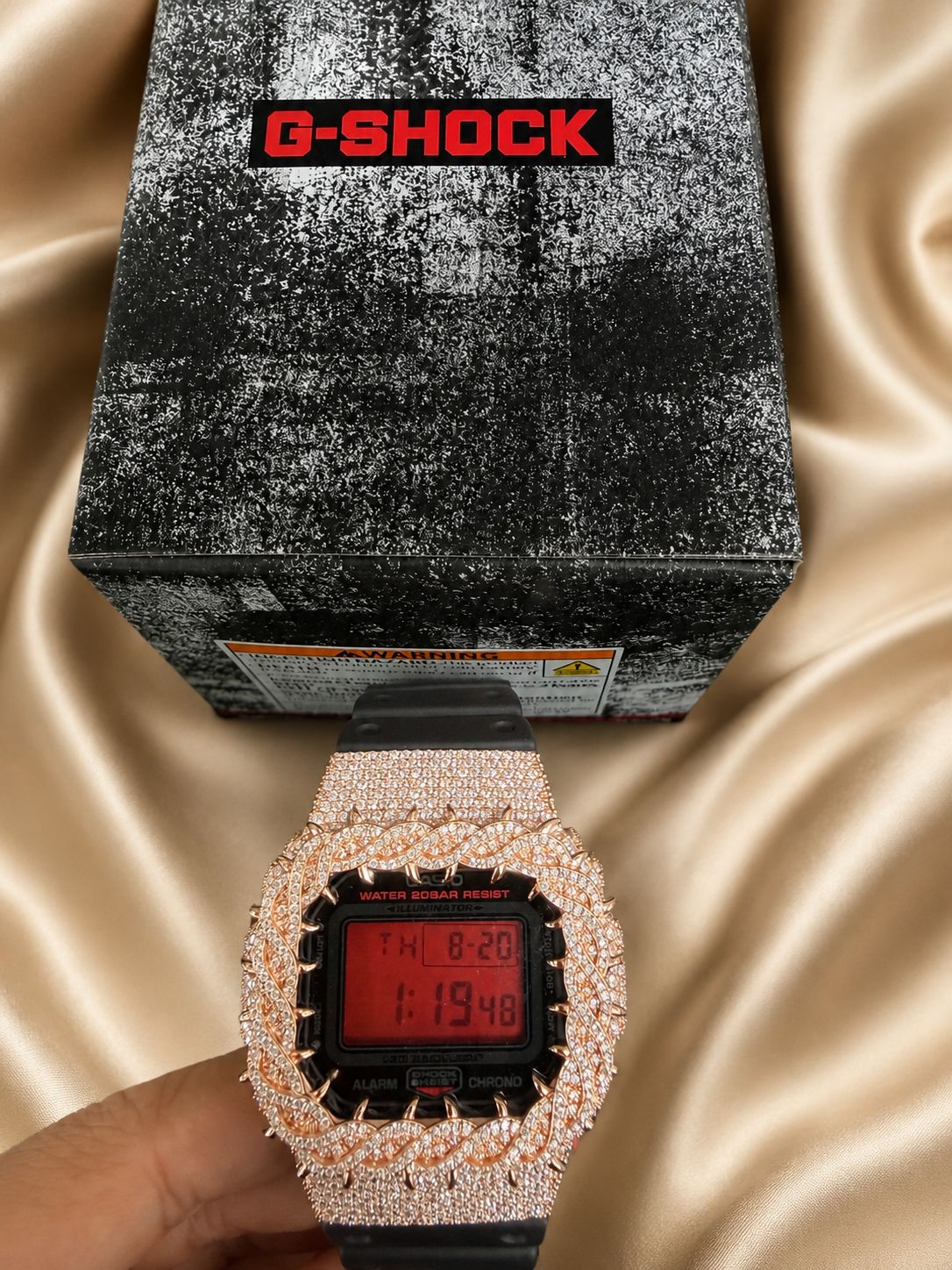 Casio G-Shock DW-5600 Custom Iced Out Moissanite Rose Gold Black Watch