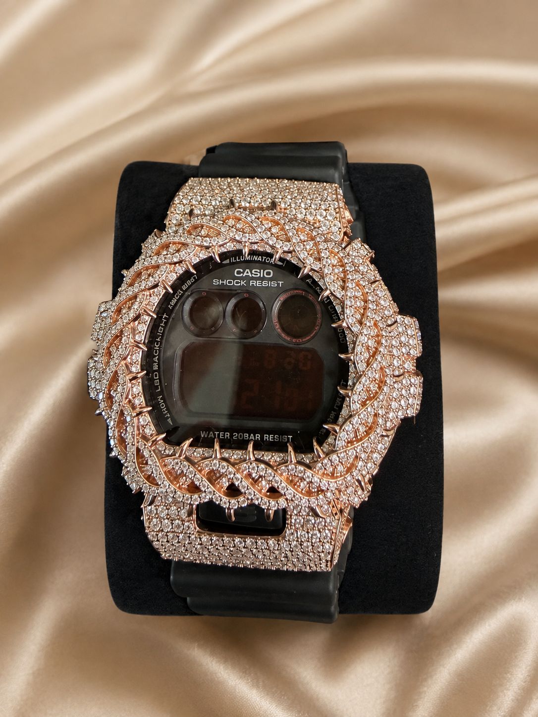 Casio G-Shock DW-6900 Custom Iced Out Moissanite Rose Gold Black Watch