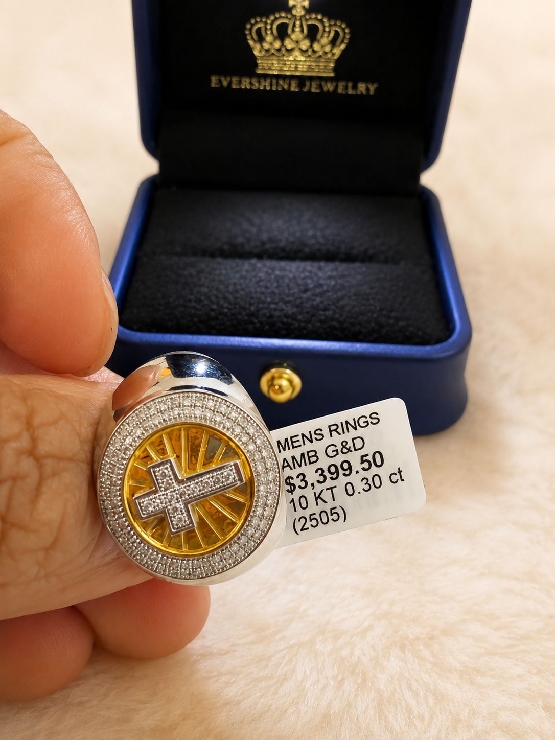 10K Gold Men’s Diamond Cross Ring – Two-Tone Statement Ring – Size 10
