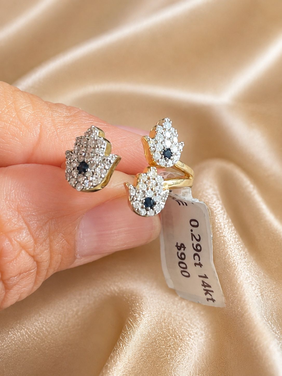 14K Gold Diamond Hamsa Hand Adjustable Ring Size 7.5 – Blue Evil Eye