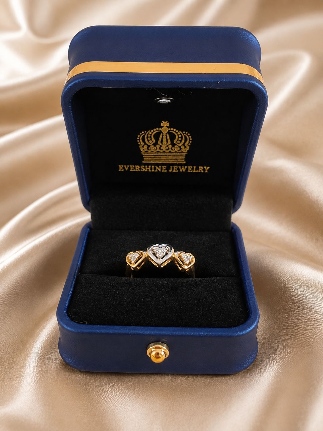 10K Gold Natural Diamond Triple Heart Ring – Women’s Size 7 – Evershine Jewelry