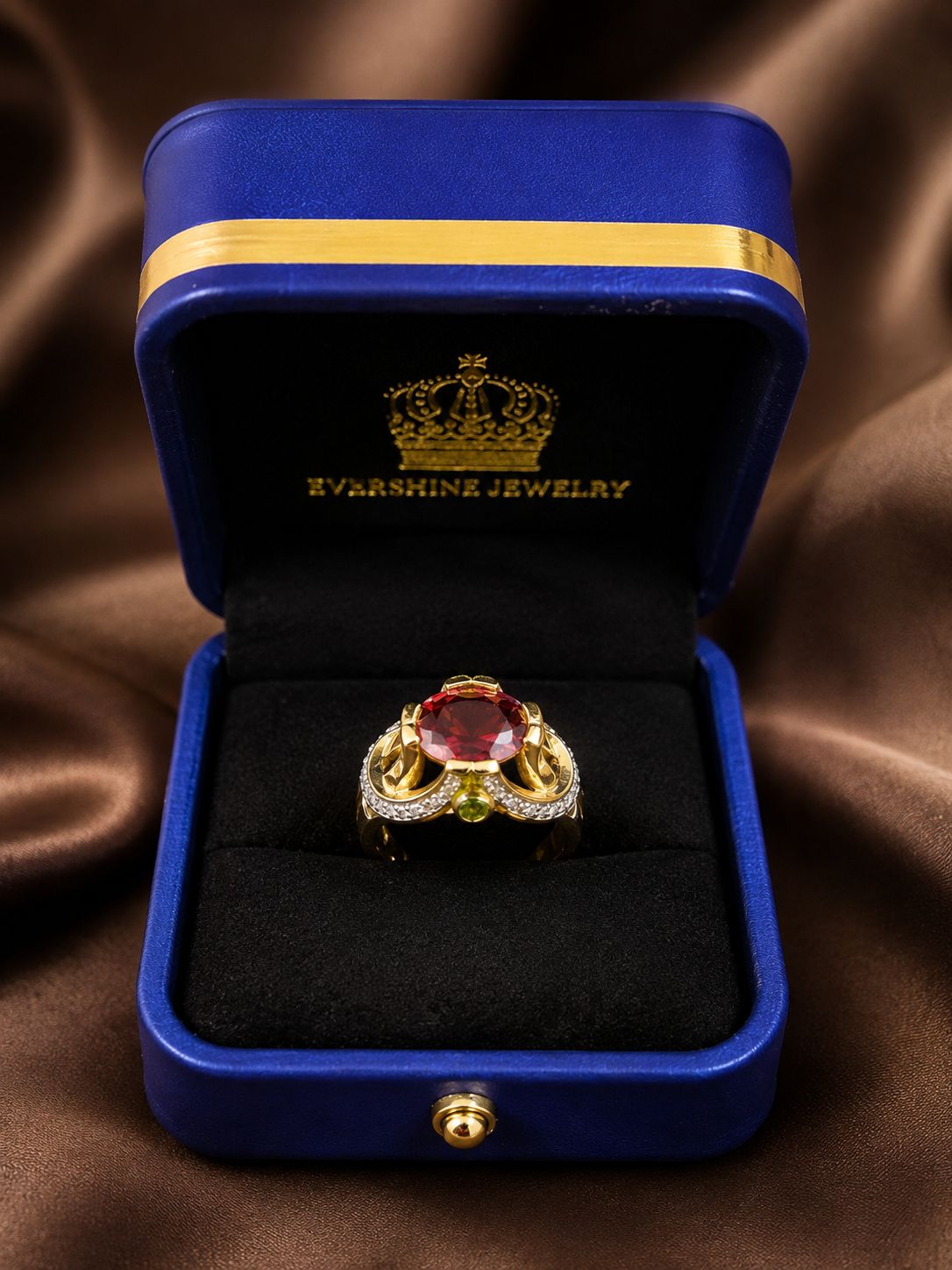14K Yellow Gold Diamond & Red Gemstone Statement Ring Unique Cocktail Ring