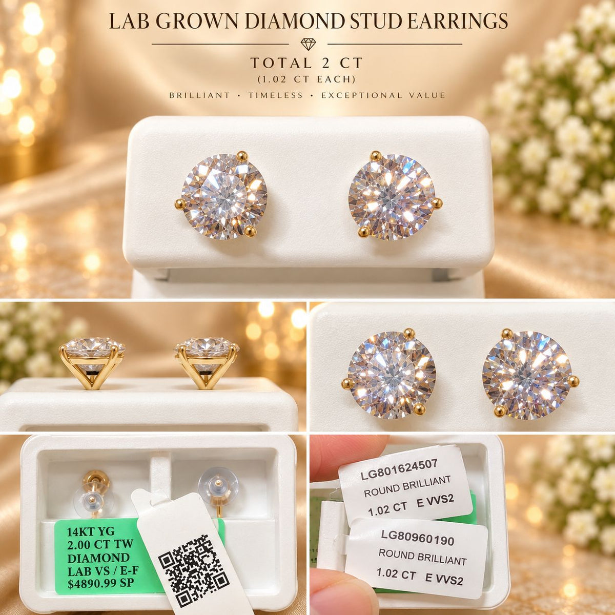 Lab Grown Diamond Stud Earrings 1-3 CT Total Martini Setting IGI Certified Option