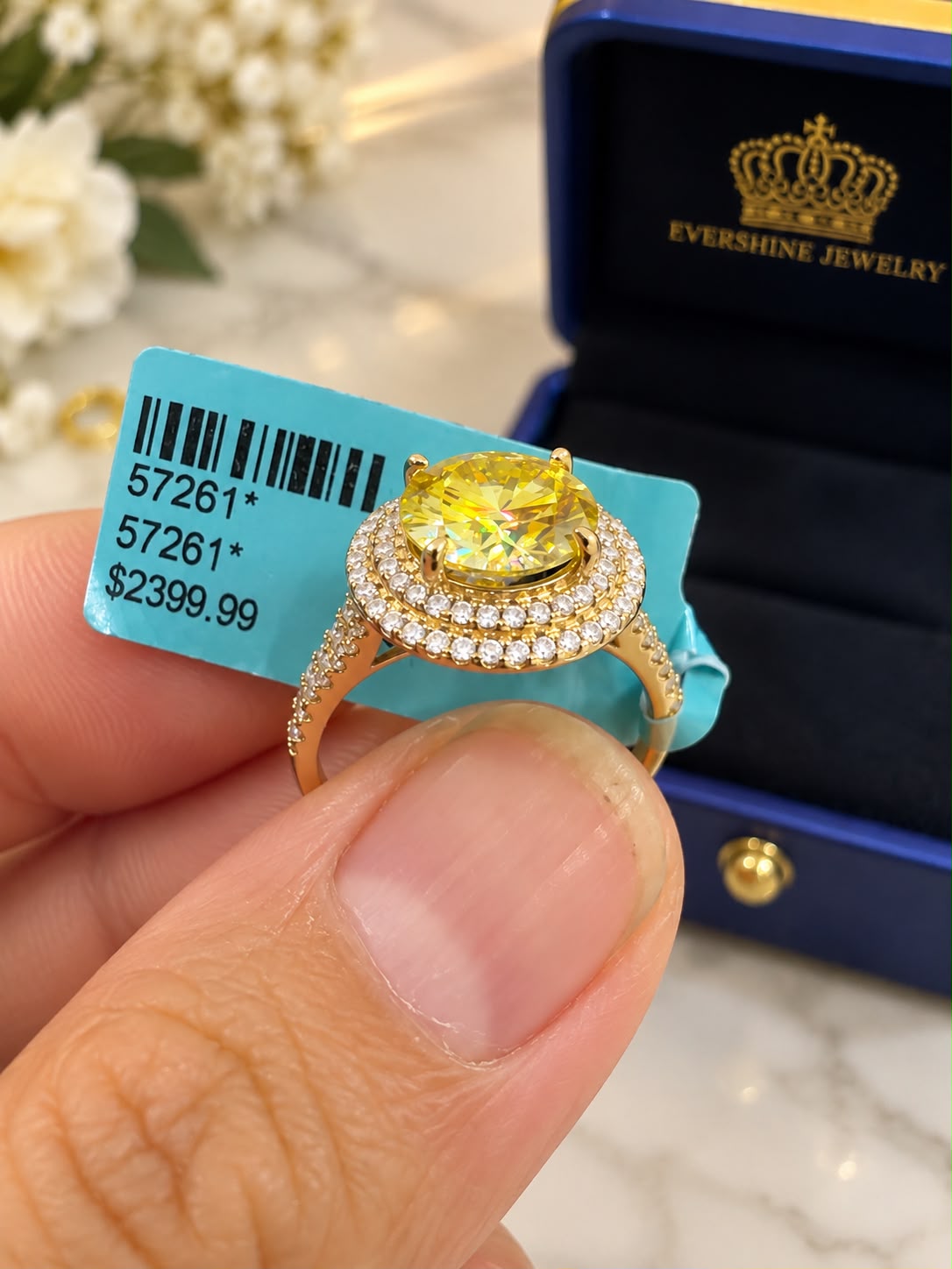 10K Yellow Gold Yellow Moissanite Halo Ring Pavé Double Halo Statement Ring