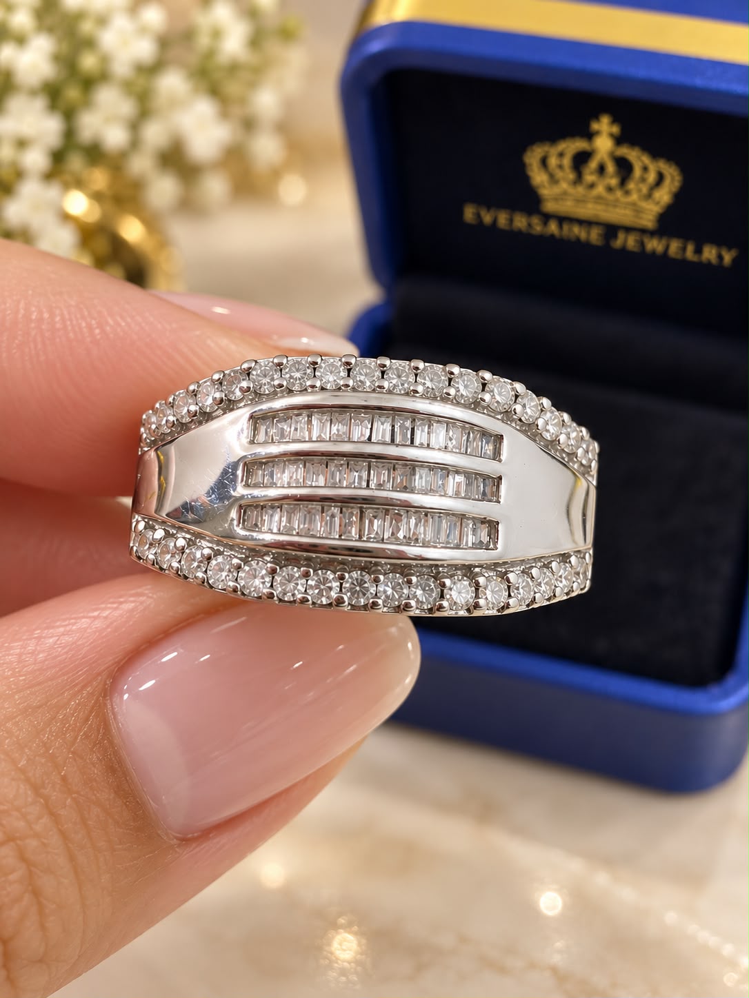 10K White Gold 1 CT Diamond Men’s Ring Baguette & Round Diamond Size 10.5