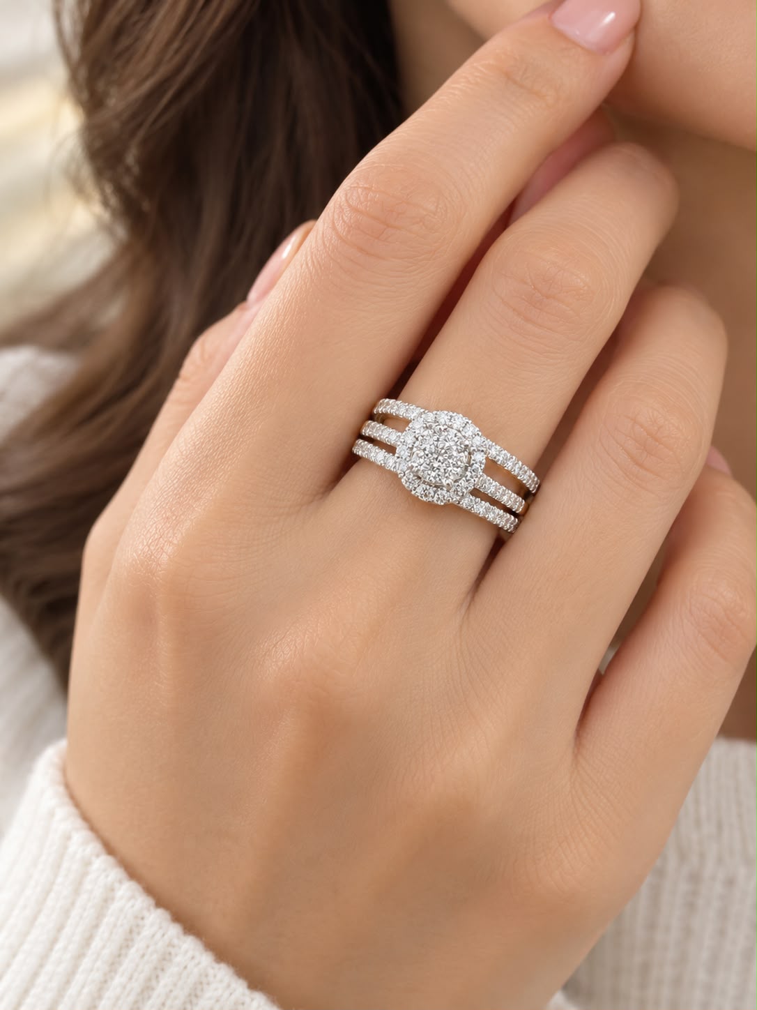 10K White Gold 0.33 CT Diamond Halo Bridal Wedding Ring Set – 2 Piece