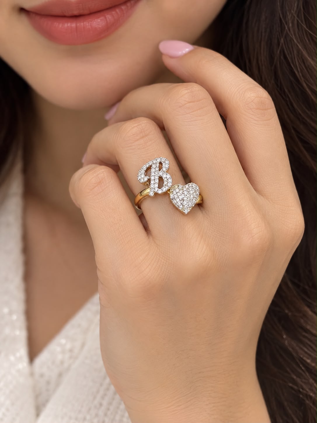10K Gold Diamond Initial B & Heart Ring Set – Sparkling Fashion Rings
