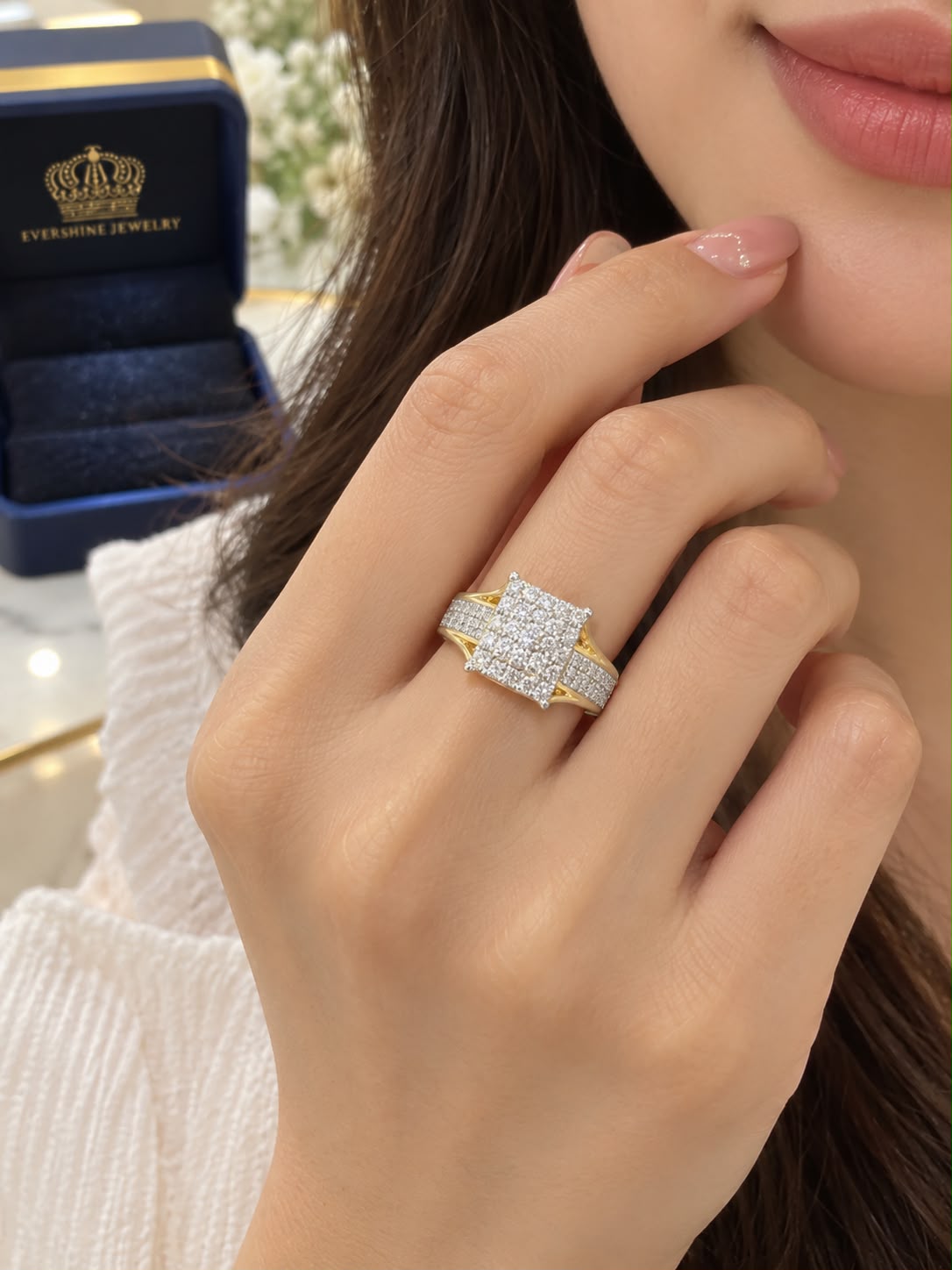 14k Yellow Gold Diamond Cluster Square Ring – Men’s Statement Ring