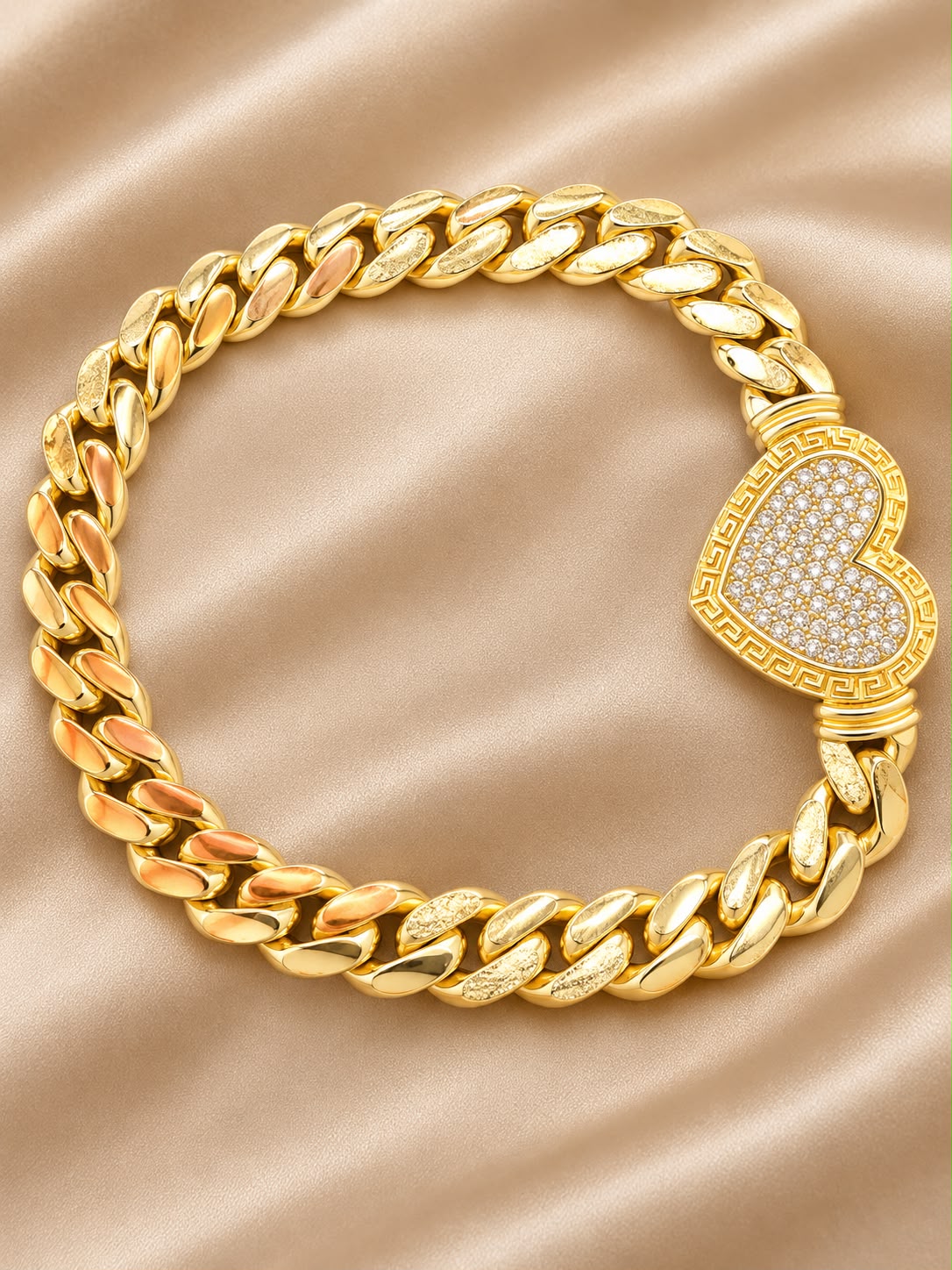 10K Yellow Gold Cuban Link Bracelet CZ Heart Clasp Statement Jewelry