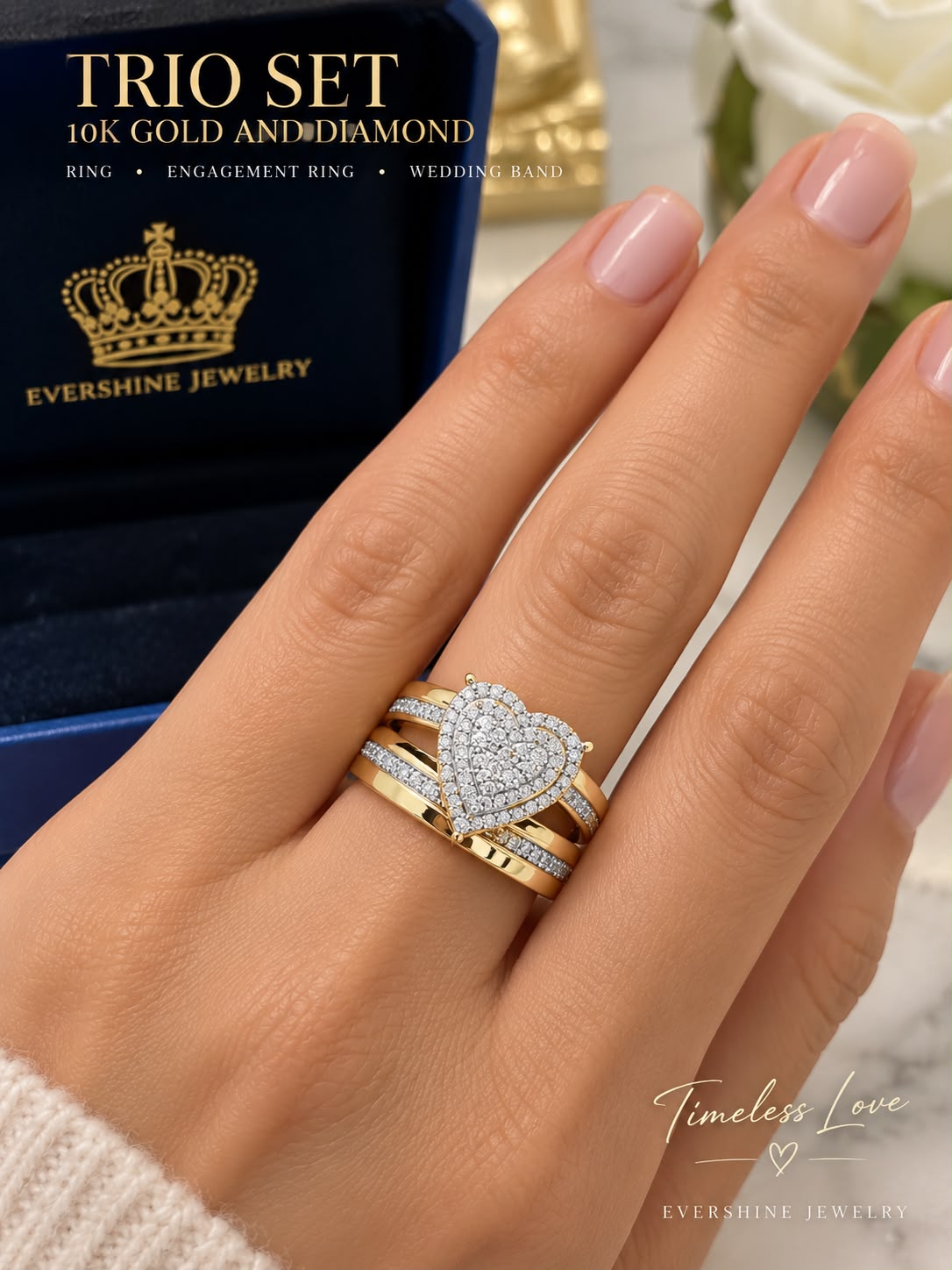 10K Yellow Gold Diamond Heart Trio Wedding Ring Set Engagement & Matching Bands