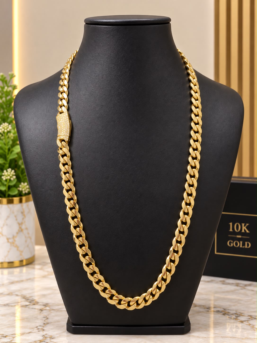 10K Yellow Gold Monaco Chain 24” 9mm Diamond Cut Lock Men’s Necklace