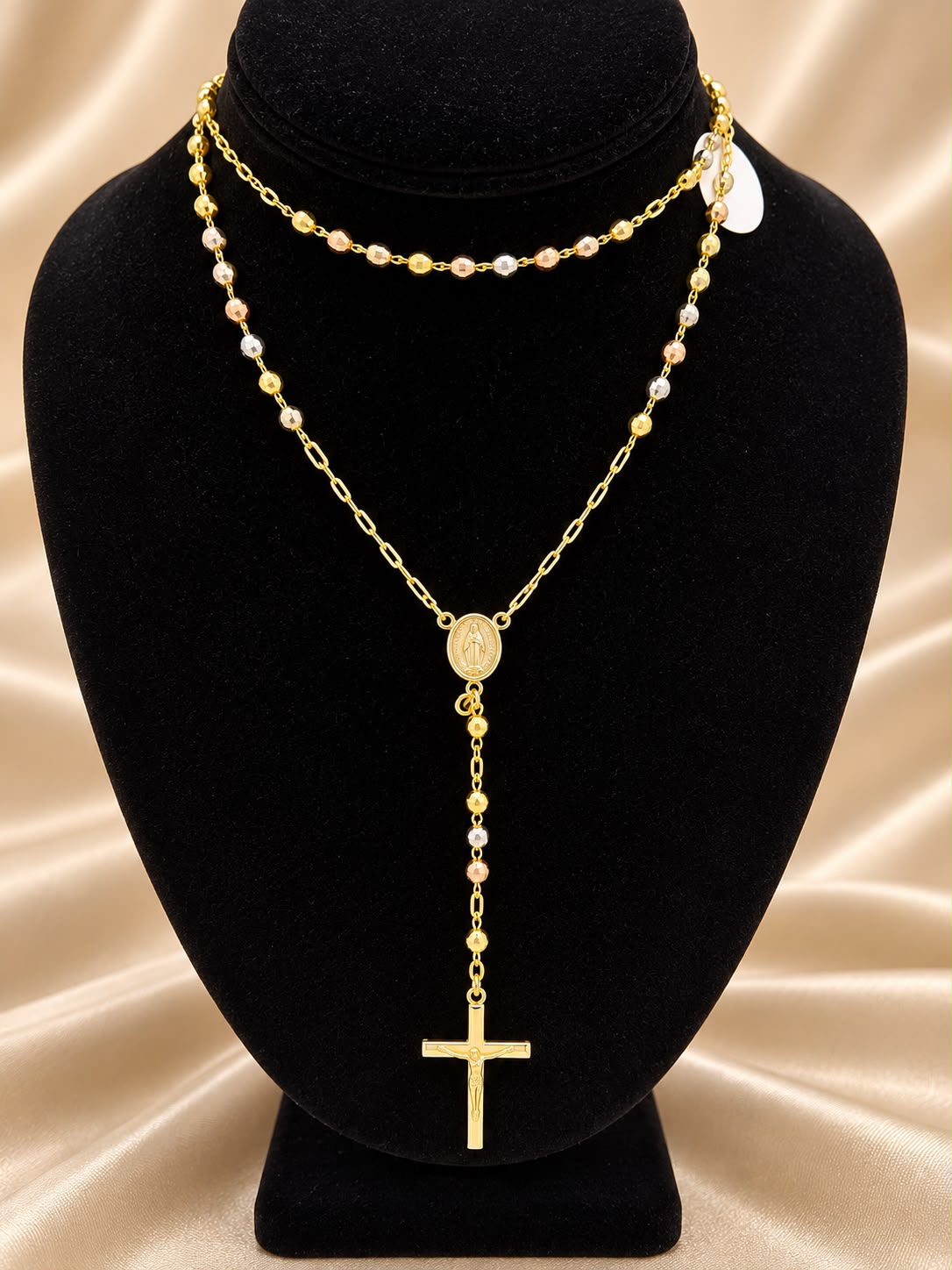 10K Gold Rosary Necklace 24” Tricolor Beads Virgin Mary Crucifix Cross 4” Drop