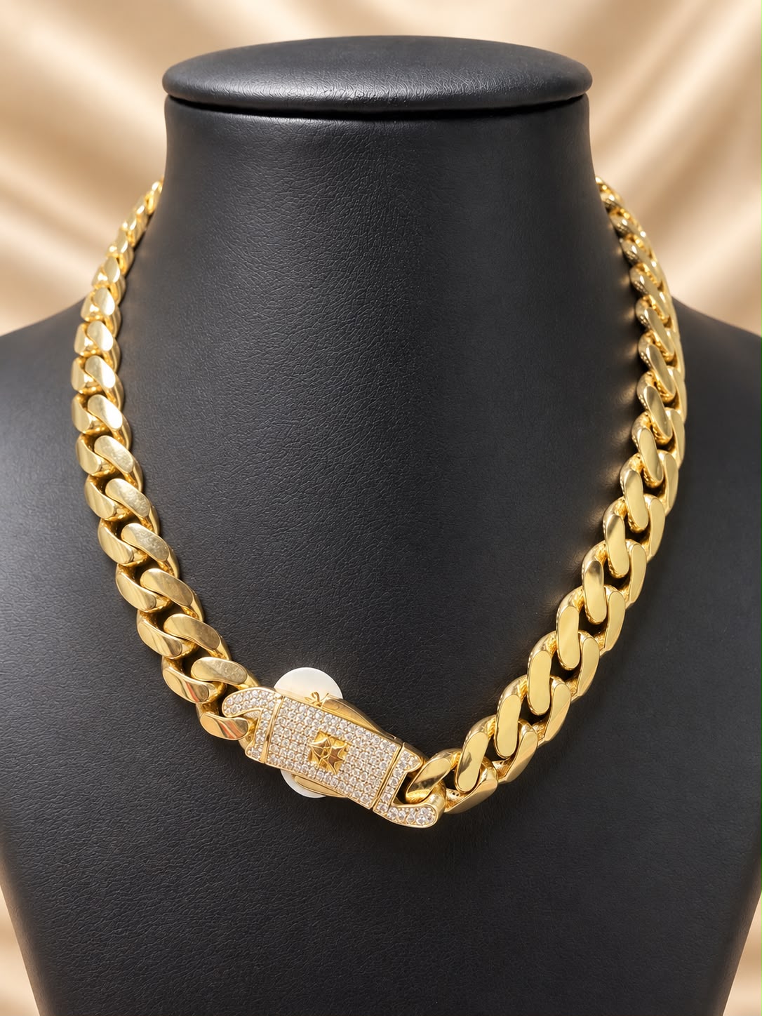 10K Yellow Gold Monaco Chain 14” 11mm CZ Box Clasp Cuban Link Necklace