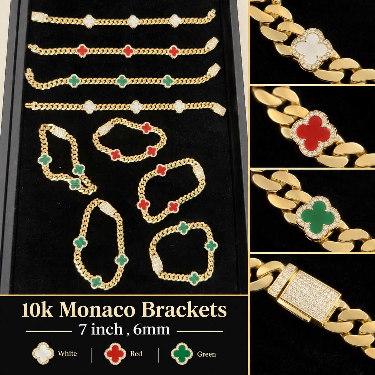 10K Yellow Gold Monaco Bracelet with Flower & CZ Stones – 7” 6mm