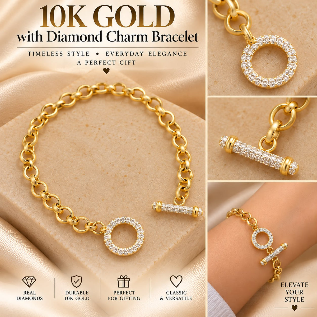 10K Yellow Gold Natural Diamond Charm Pendant – Choose Your Style – Bracelet Anklet Necklace