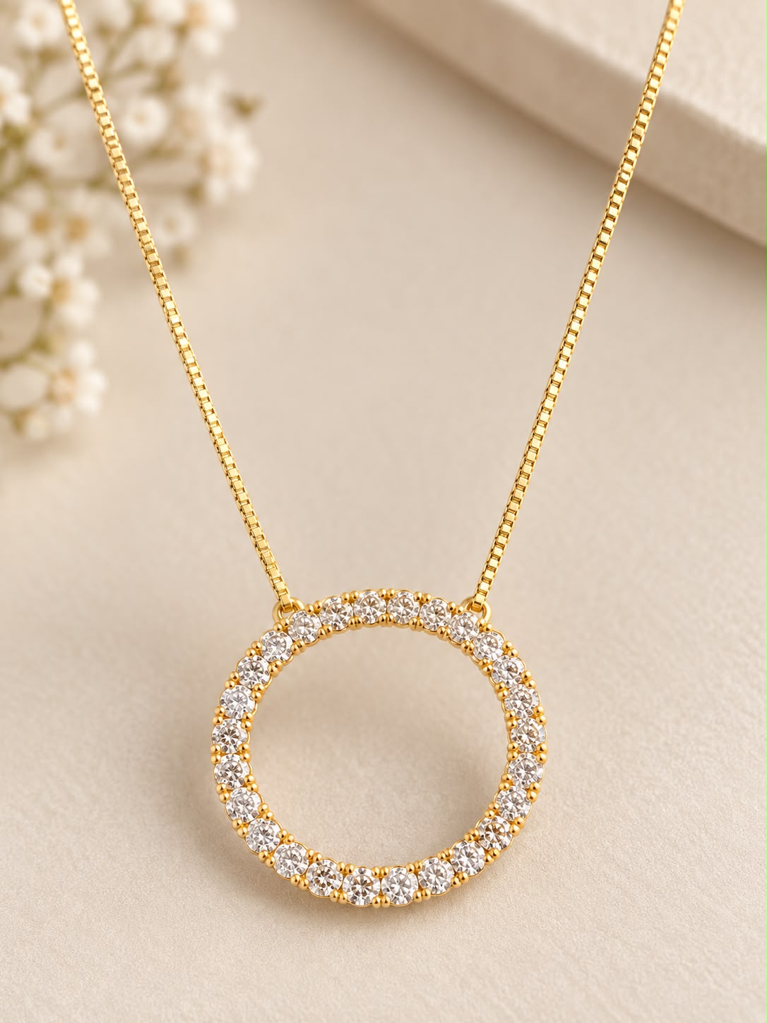 14K Yellow Gold 18” Diamond Necklace w/ 1” Diamond Circle Pendant Fine Jewelry