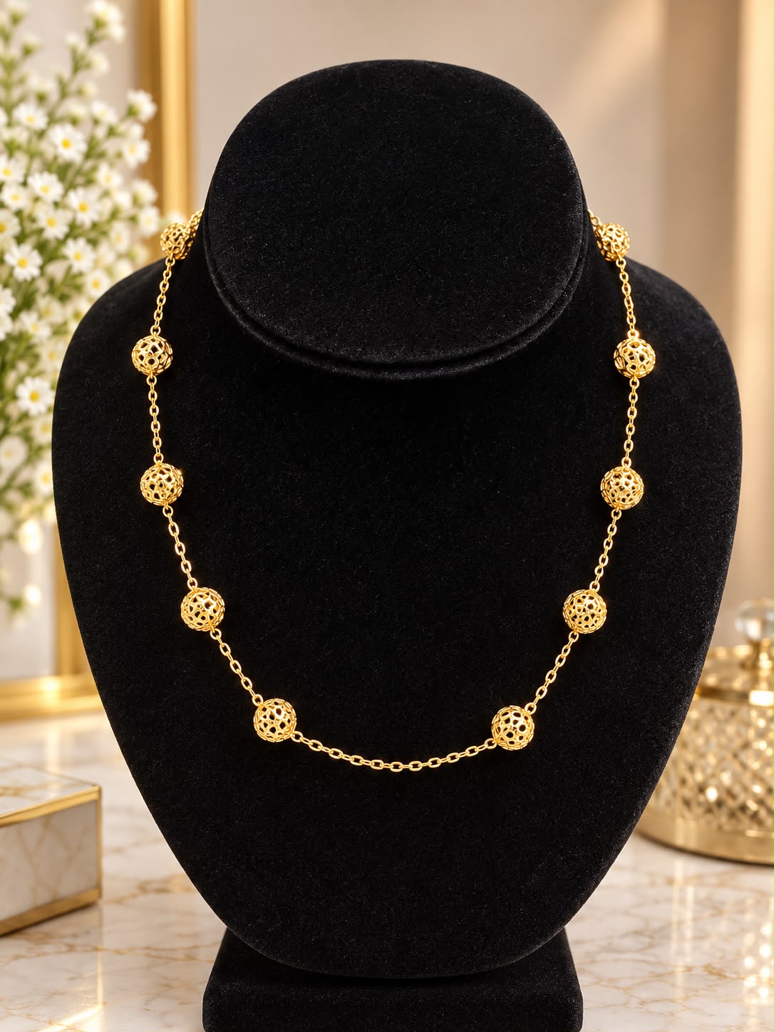 10K Yellow Gold 18” Filigree Bead Station Necklace Openwork Ball Design