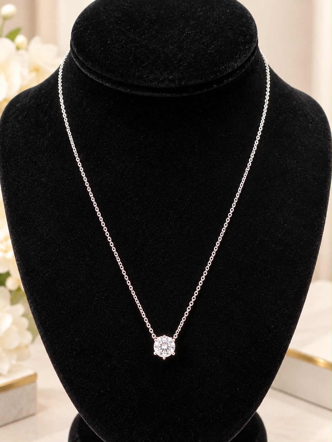 Beautiful 14K White Gold Lab-Grown Diamond Necklace featuring a brilliant 1.00 CT round-cut lab-grown diamond in a classic solitaire setting.