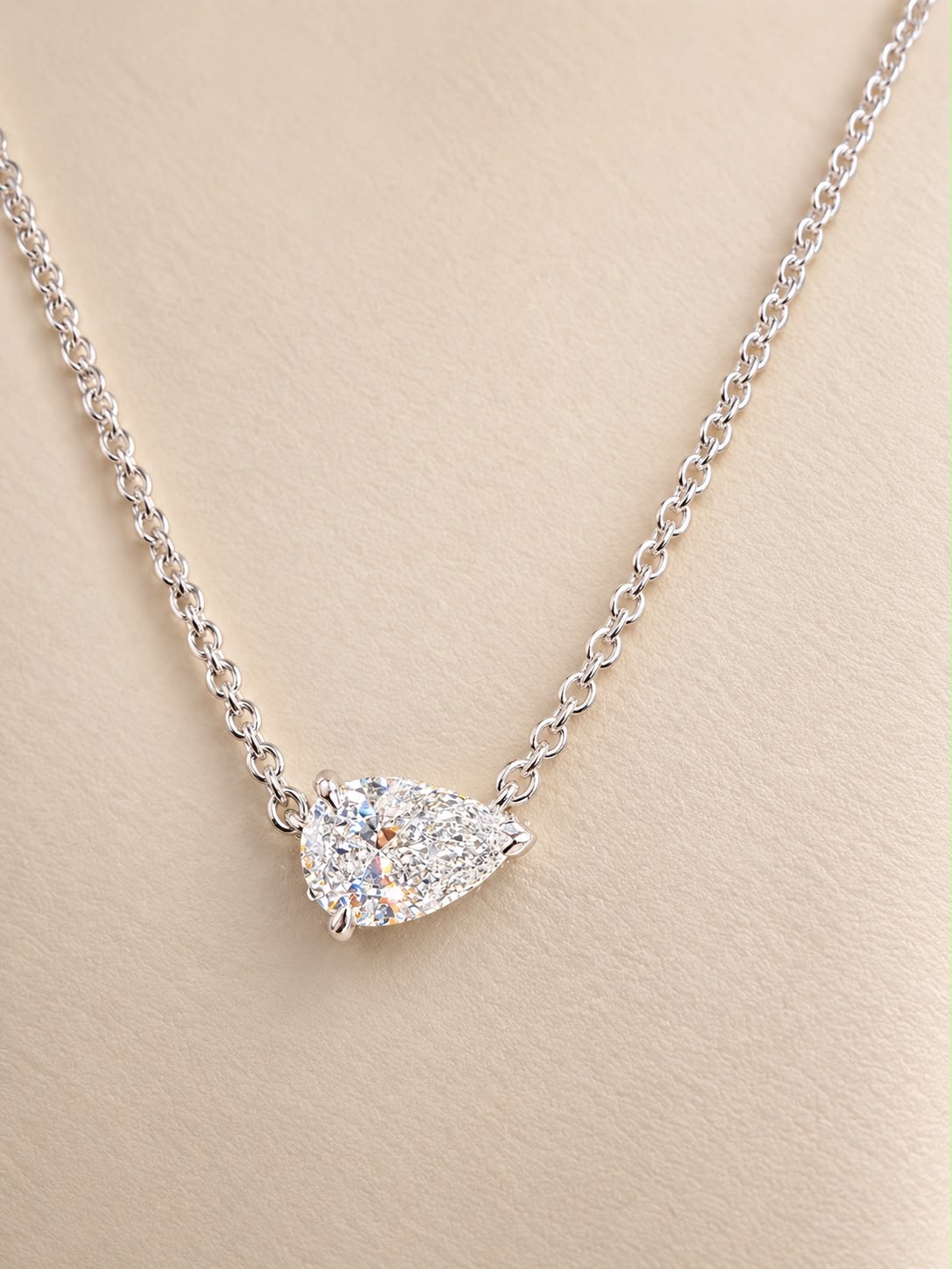 14K White Gold 18” Lab Grown Pear Diamond Necklace & Pendant Solitaire
