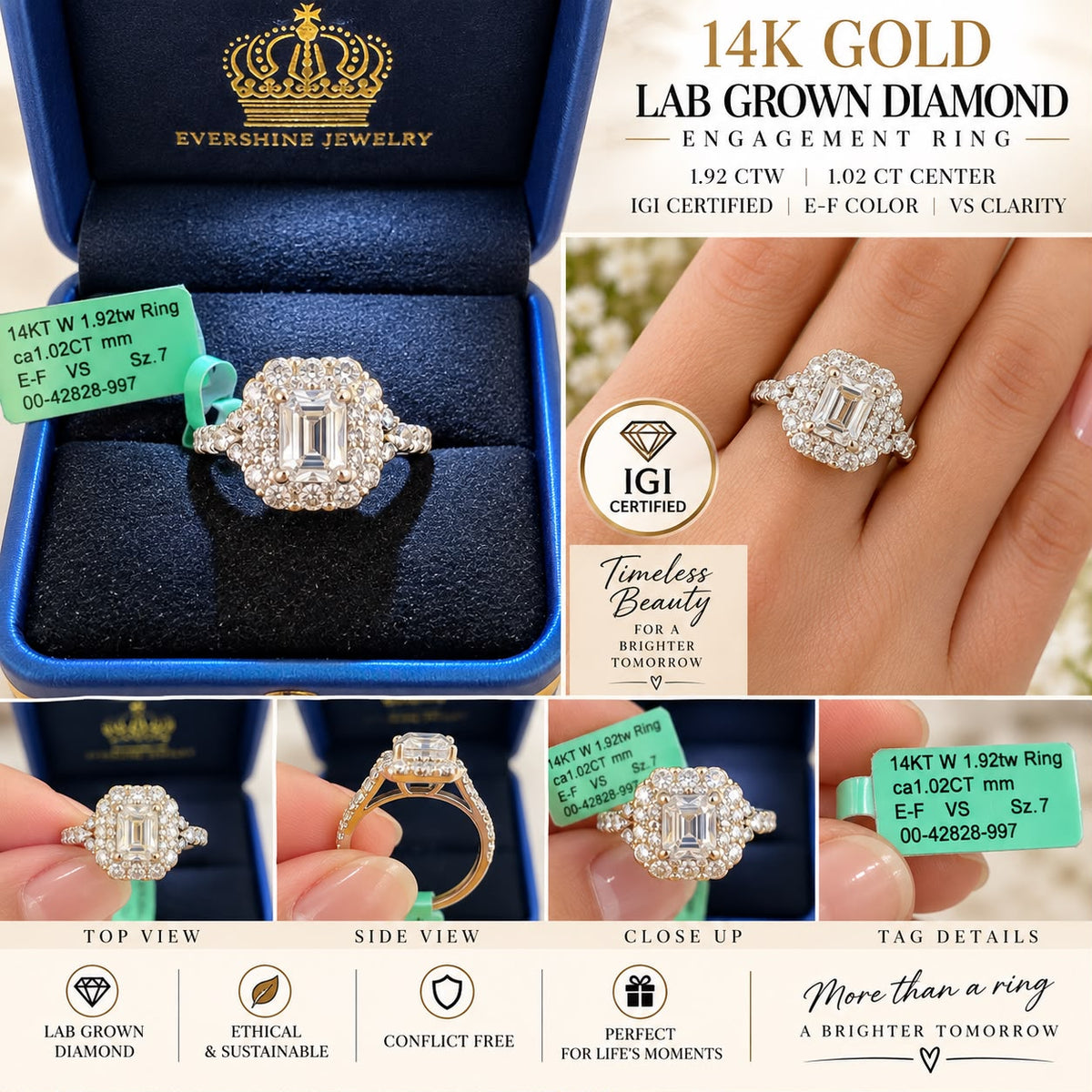 14K White Gold 1.92 CTW Lab Grown Diamond Emerald Cut Ring IGI E-F VS 1.02 CT