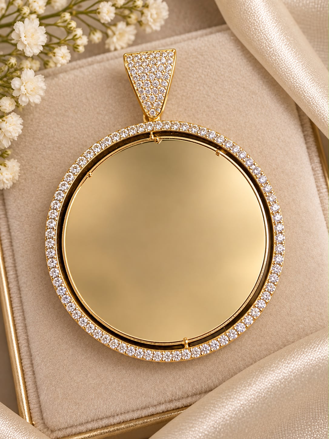 10K Yellow Gold 2” Round CZ Photo Pendant Custom Double-Sided Picture Engraving