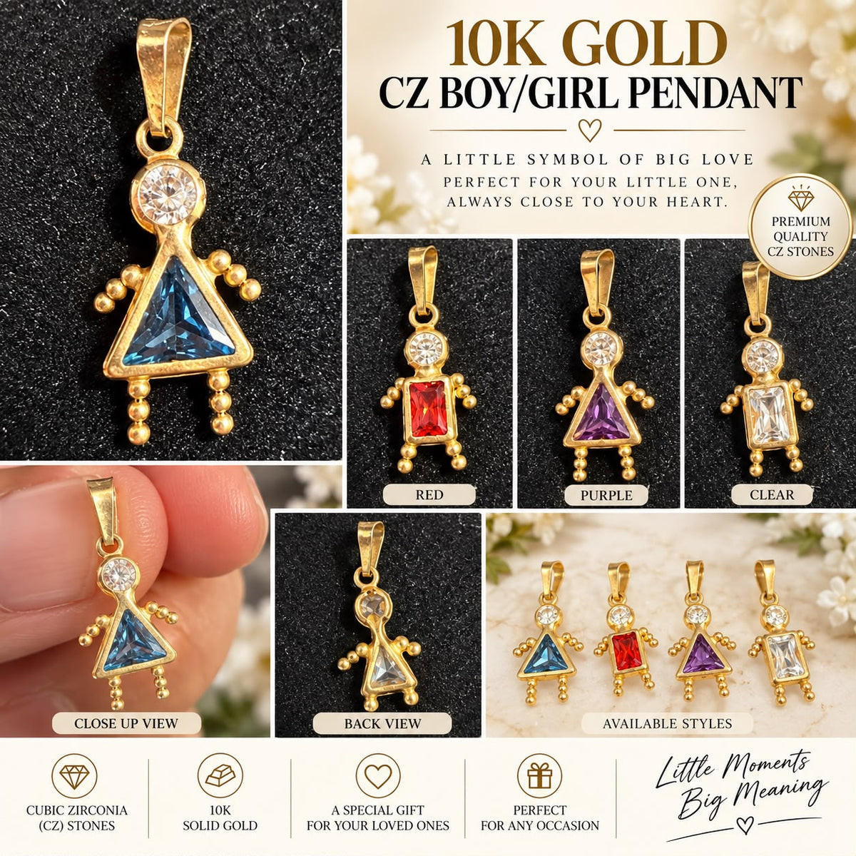 10K Solid Yellow Gold CZ Boy/Girl Pendant – Choice of Color – Kids Charm