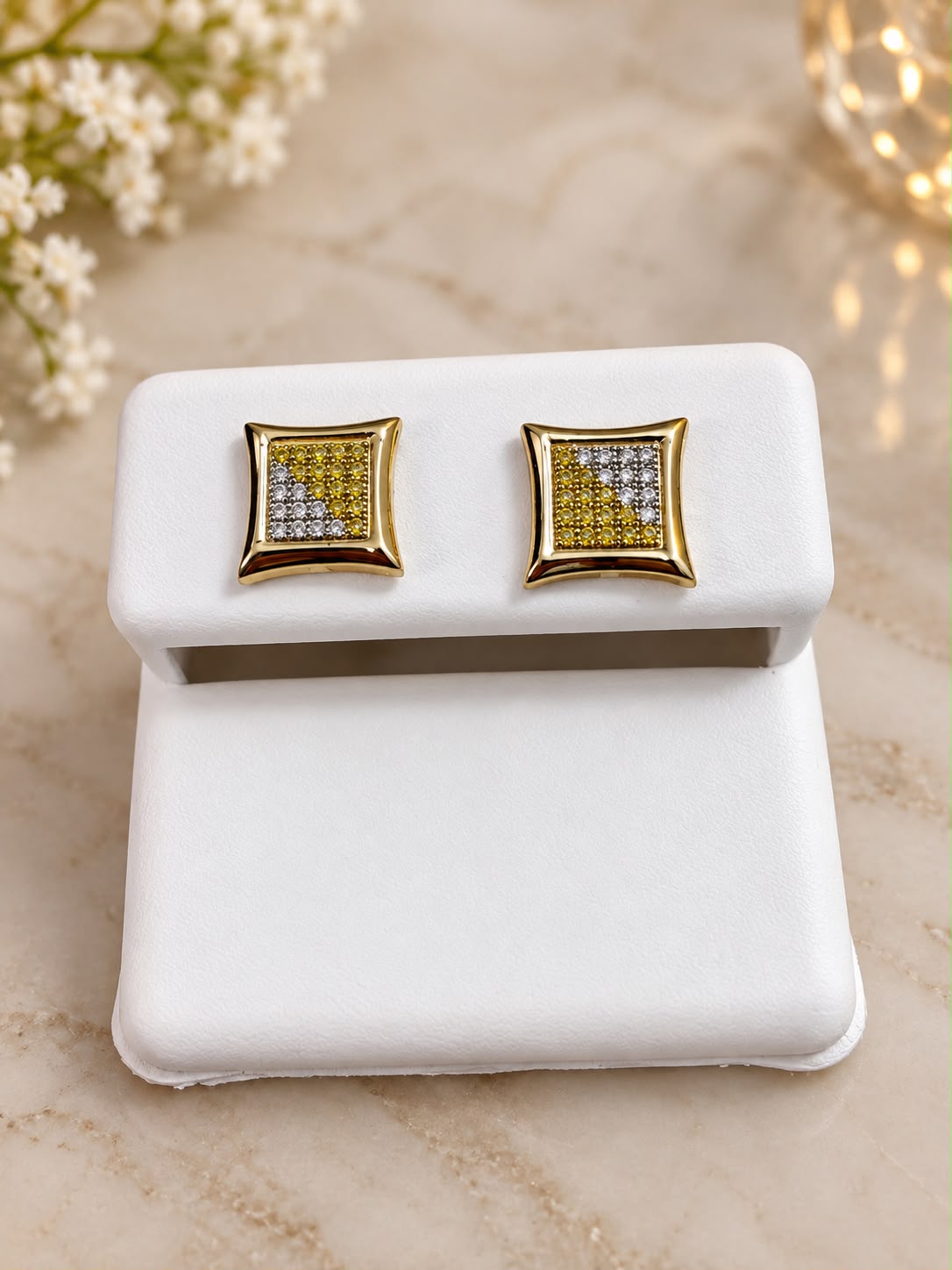 10K Yellow Gold 0.15 CT Diamond Square Stud Earrings Two-Tone Screw Back
