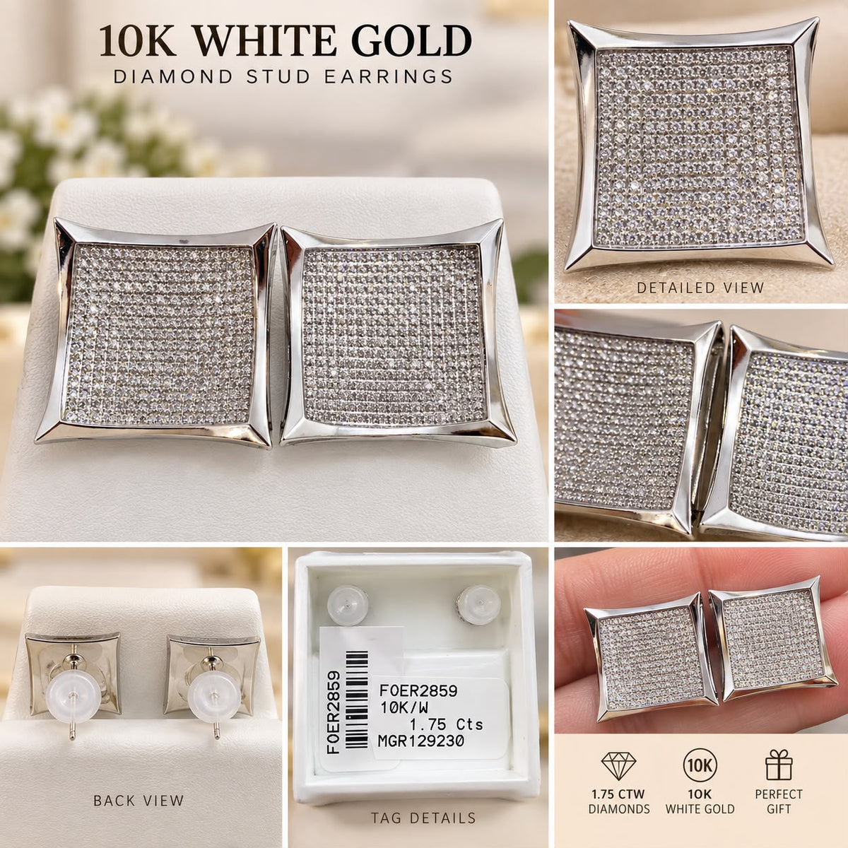 10K White Gold 1.75 CTW Diamond Square Stud Earrings – Push Back