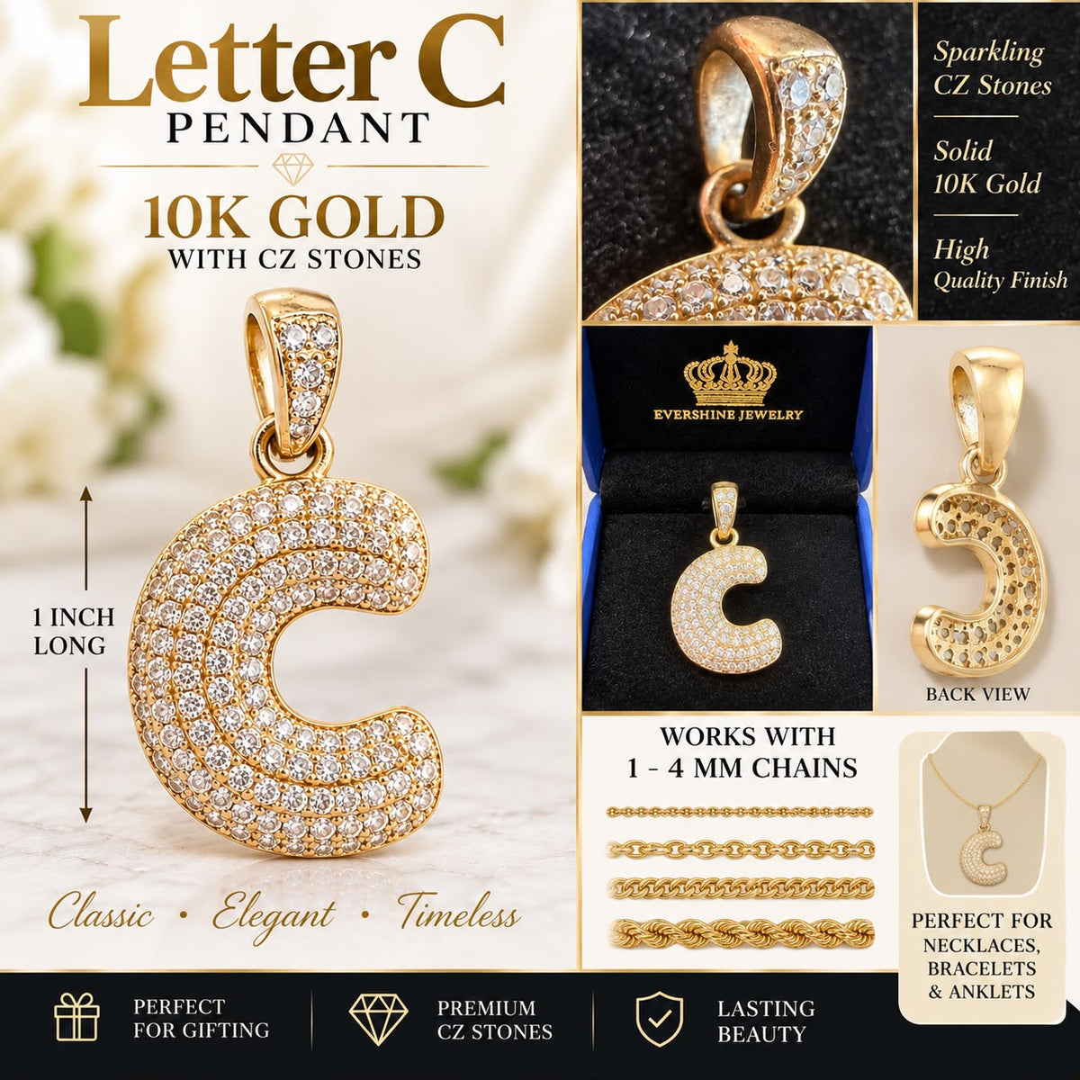 10K Yellow Gold Letter C Initial Pendant CZ Stones 1” Charm Approx 4g