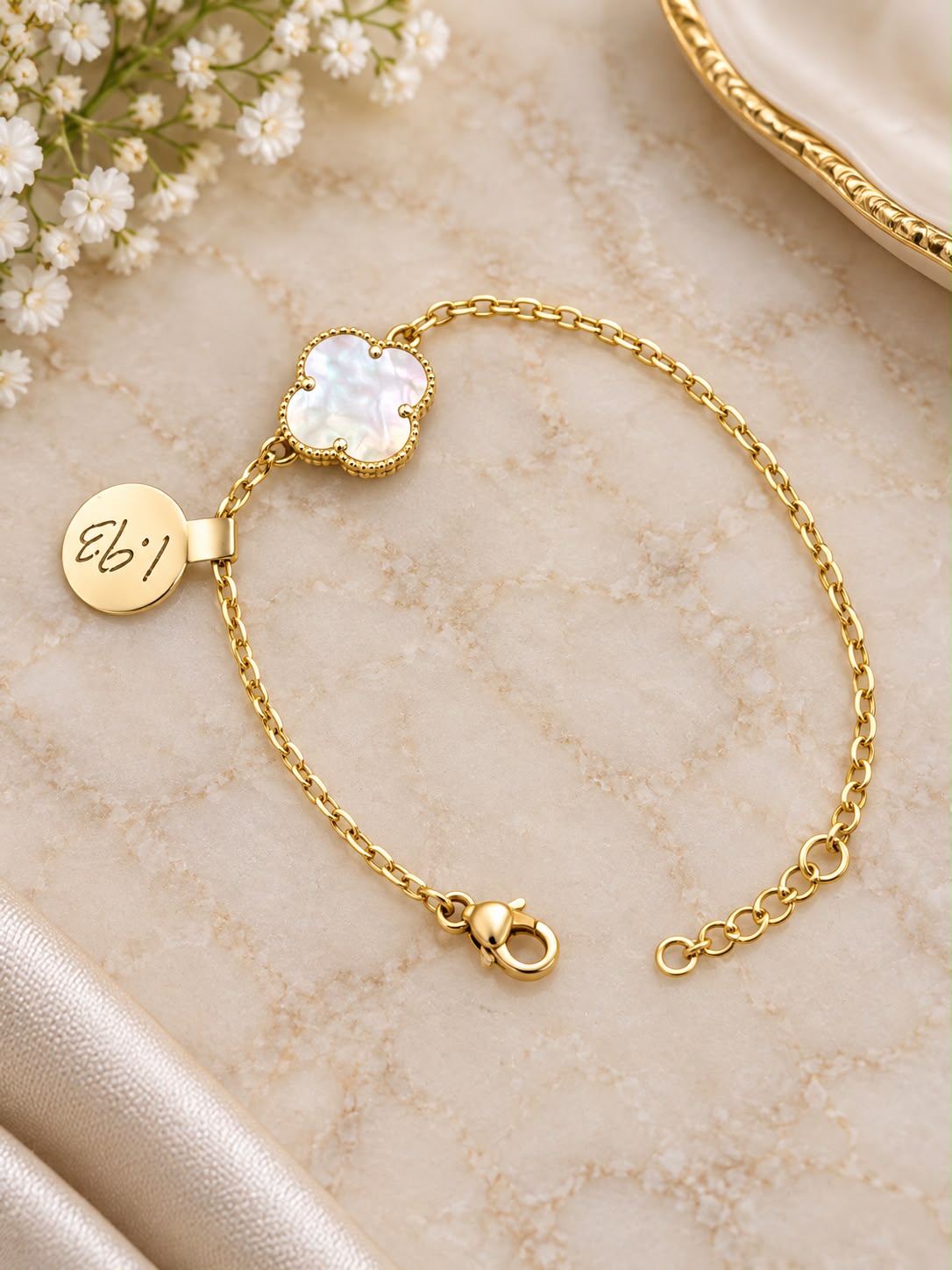 10K Yellow Gold 7.5” Mother of Pearl Flower Bracelet Adjustable Women’s