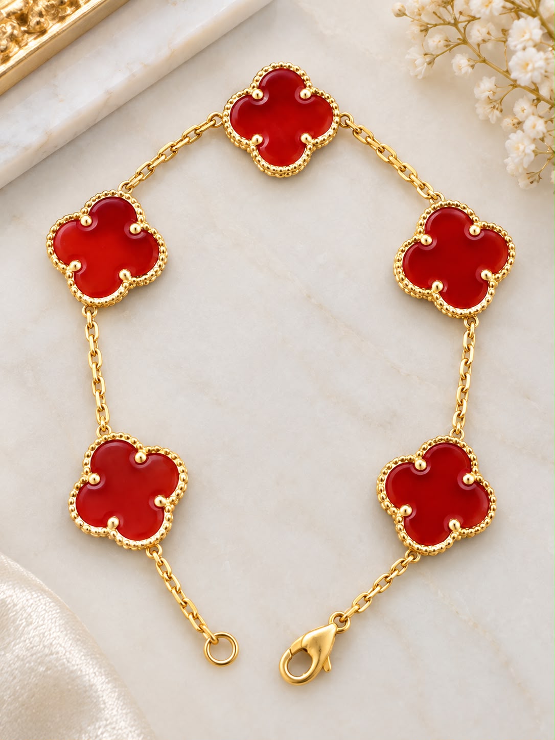 10K Yellow Gold Red Flower Bracelet 7” Five Flower Design Women’s Jewelry