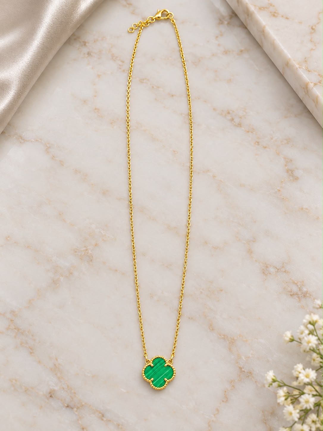 10K Yellow Gold Green Flower Necklace 18” Four Leaf Clover Style Women’s Jewelry