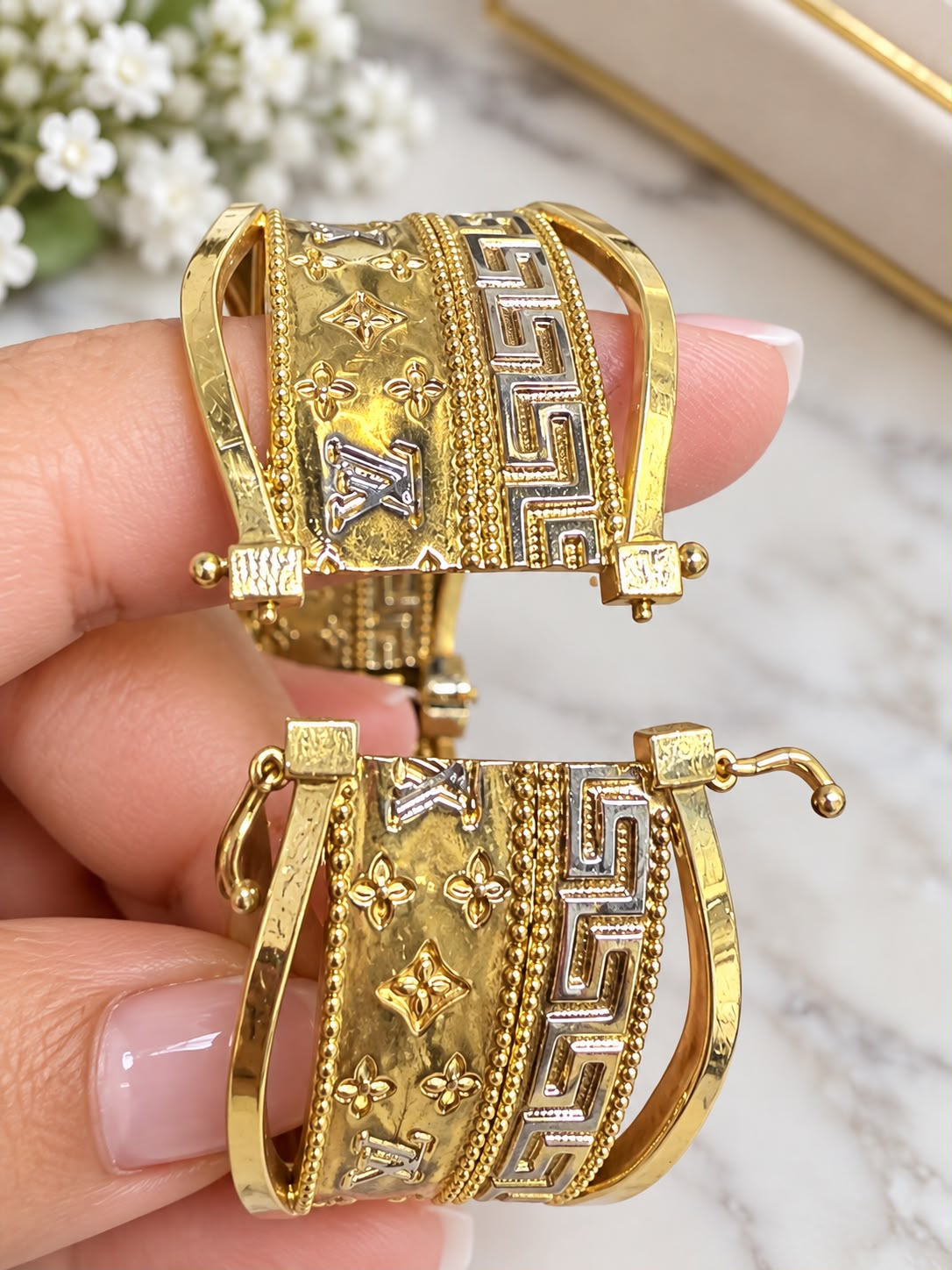 10K Yellow Gold Designer Style Wide Bangle Bracelet Two-Tone Greek Key Design