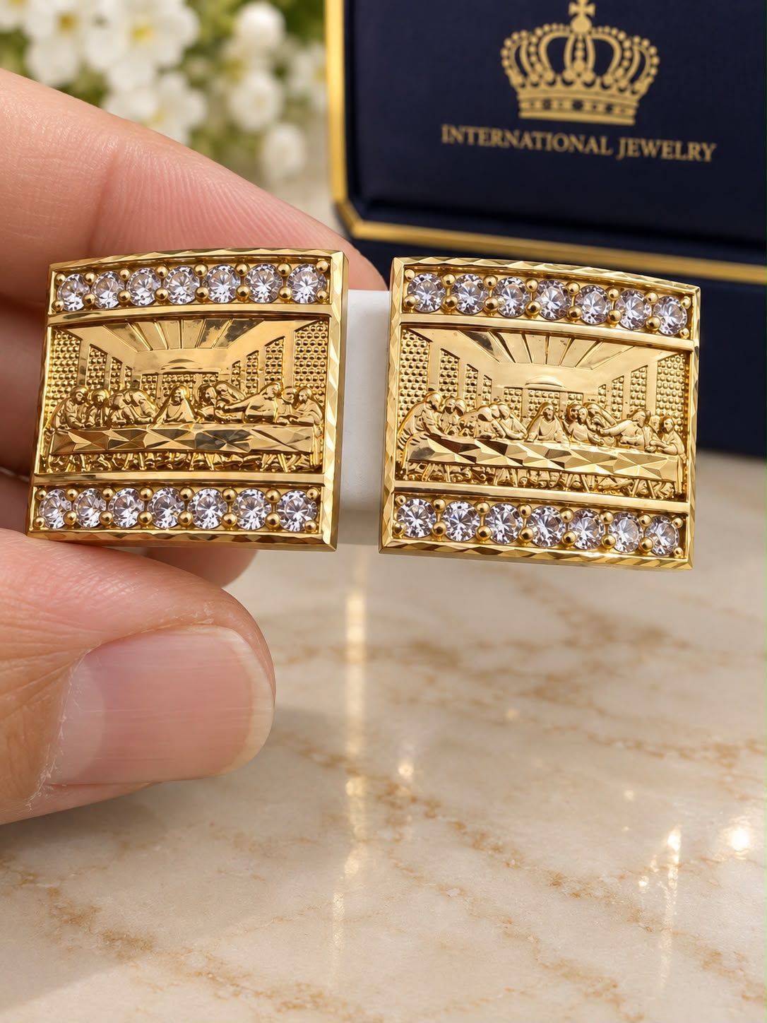 10K Yellow Gold CZ Last Supper Square Stud Earrings Men’s Large Statement