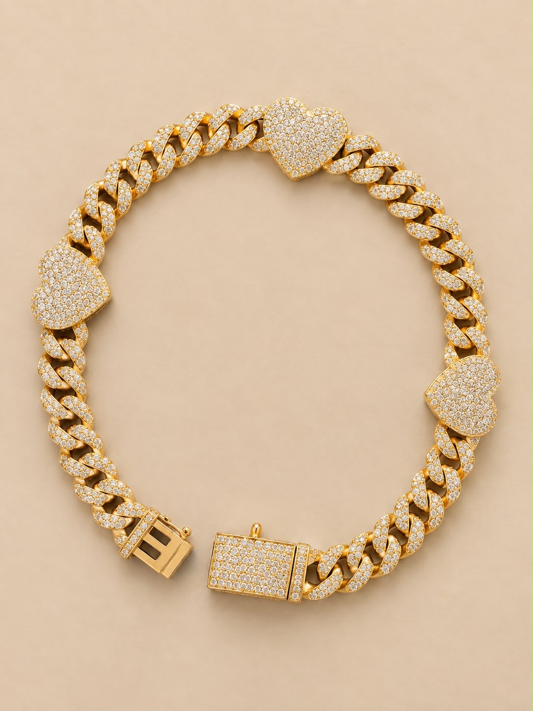 14K Yellow Gold 4 CT Diamond Heart Cuban Link Bracelet 6mm 8”