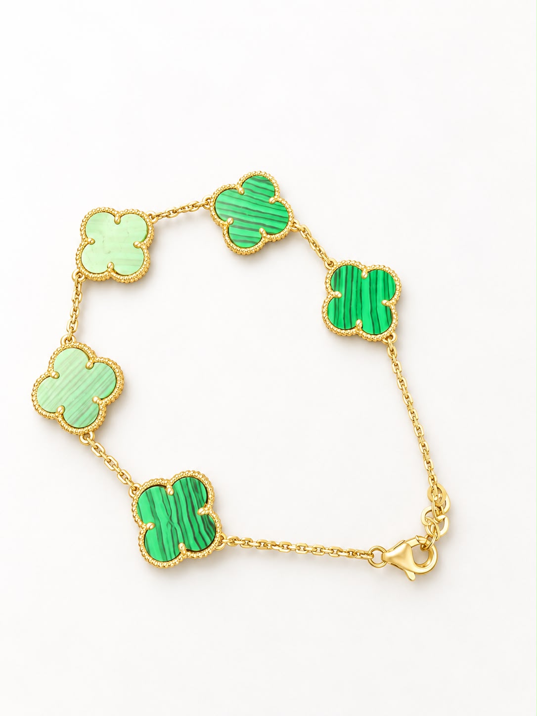 14K Yellow Gold Green Malachite Clover Flower Bracelet 5.66g
