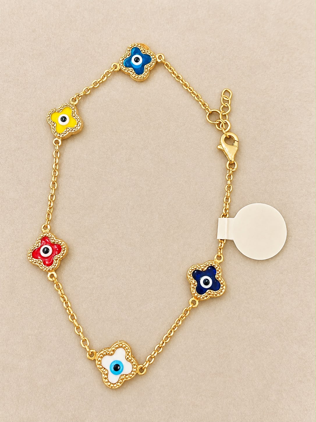 14K Yellow Gold 7” Multicolor Evil Eye Clover Station Bracelet 3.38g