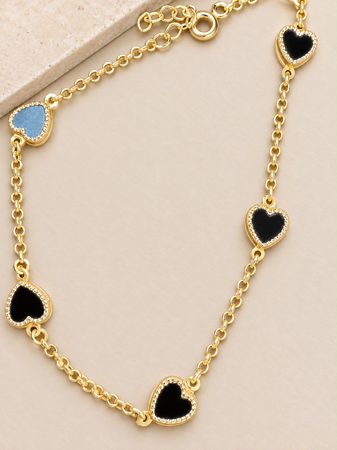 14K Yellow Gold Black Heart Station Bracelet Adjustable 2.7g