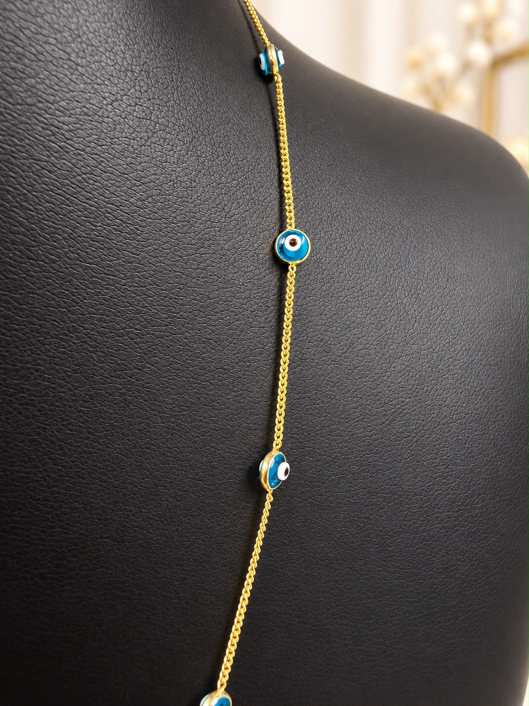 14K Yellow Gold 18” Blue Evil Eye Station Necklace 2.79g