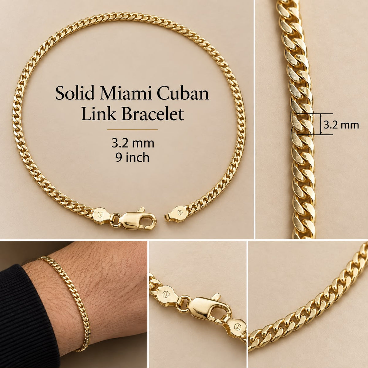 10K Yellow Gold Solid Miami Cuban Link Bracelet 3.2mm 9” – 6.73 Grams
