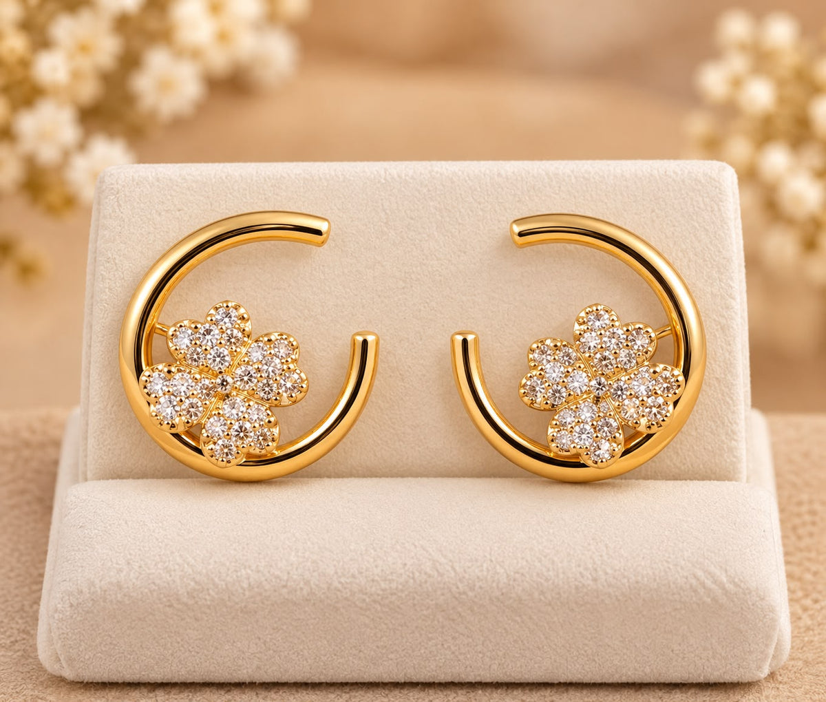 10K Yellow Gold CZ Flower Open Circle Stud Earrings – Cubic Zirconia