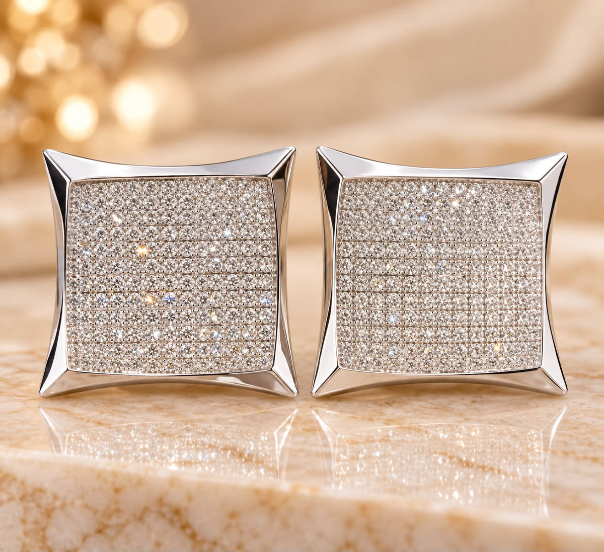 10K White Gold 1.75 CT Diamond Square Stud Earrings – 1 Inch