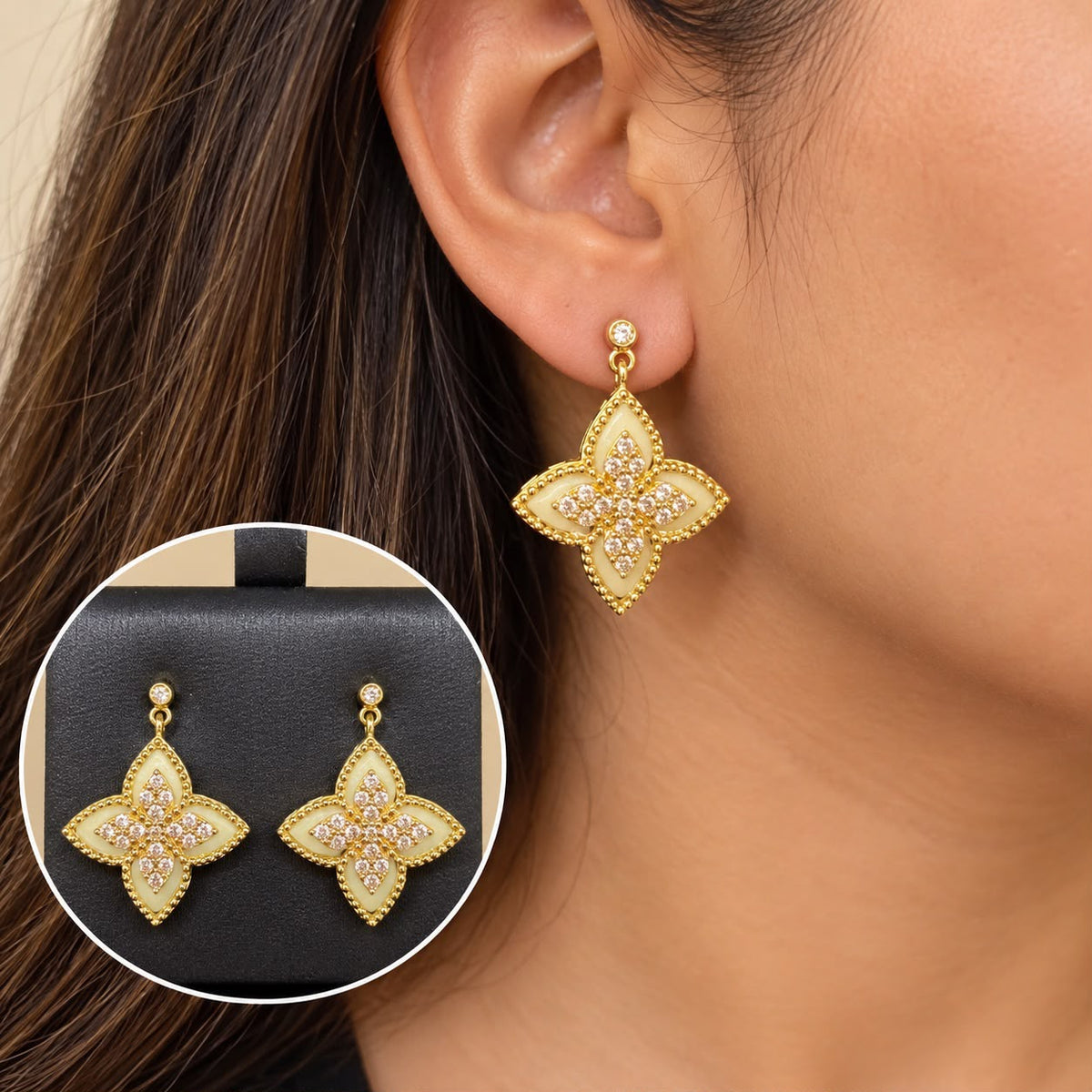 14K Yellow Gold CZ Flower Dangle Earrings – 5 Grams