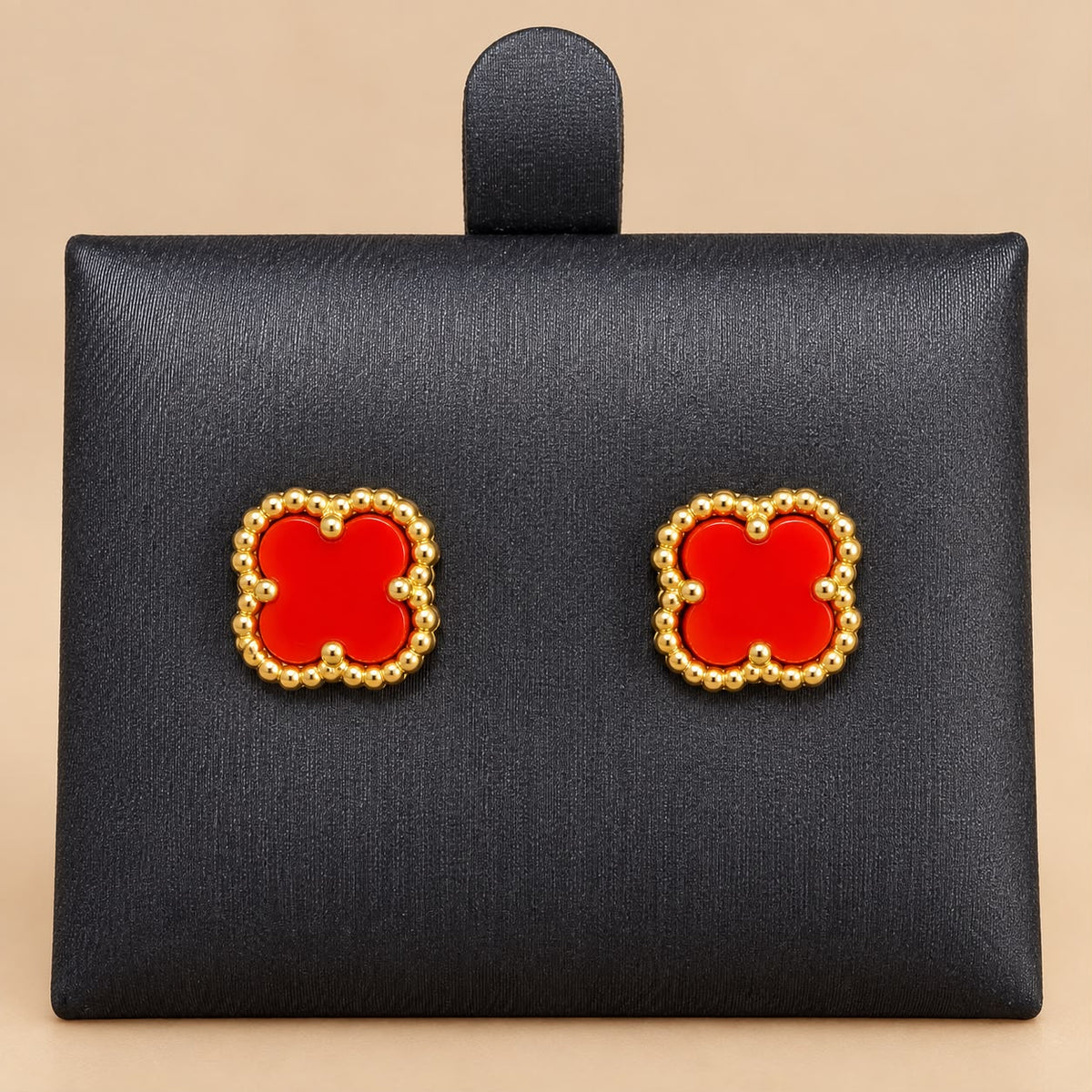 14K Yellow Gold Red Flower Stud Earrings – 9.6mm – 2.5 Grams