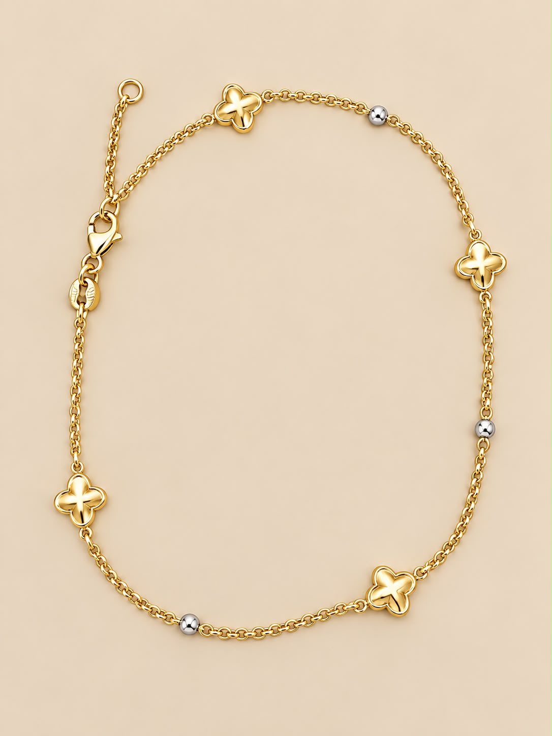 14K Yellow Gold Anklet 10” – Flower Design Two-Tone Beads – 3.38 Grams