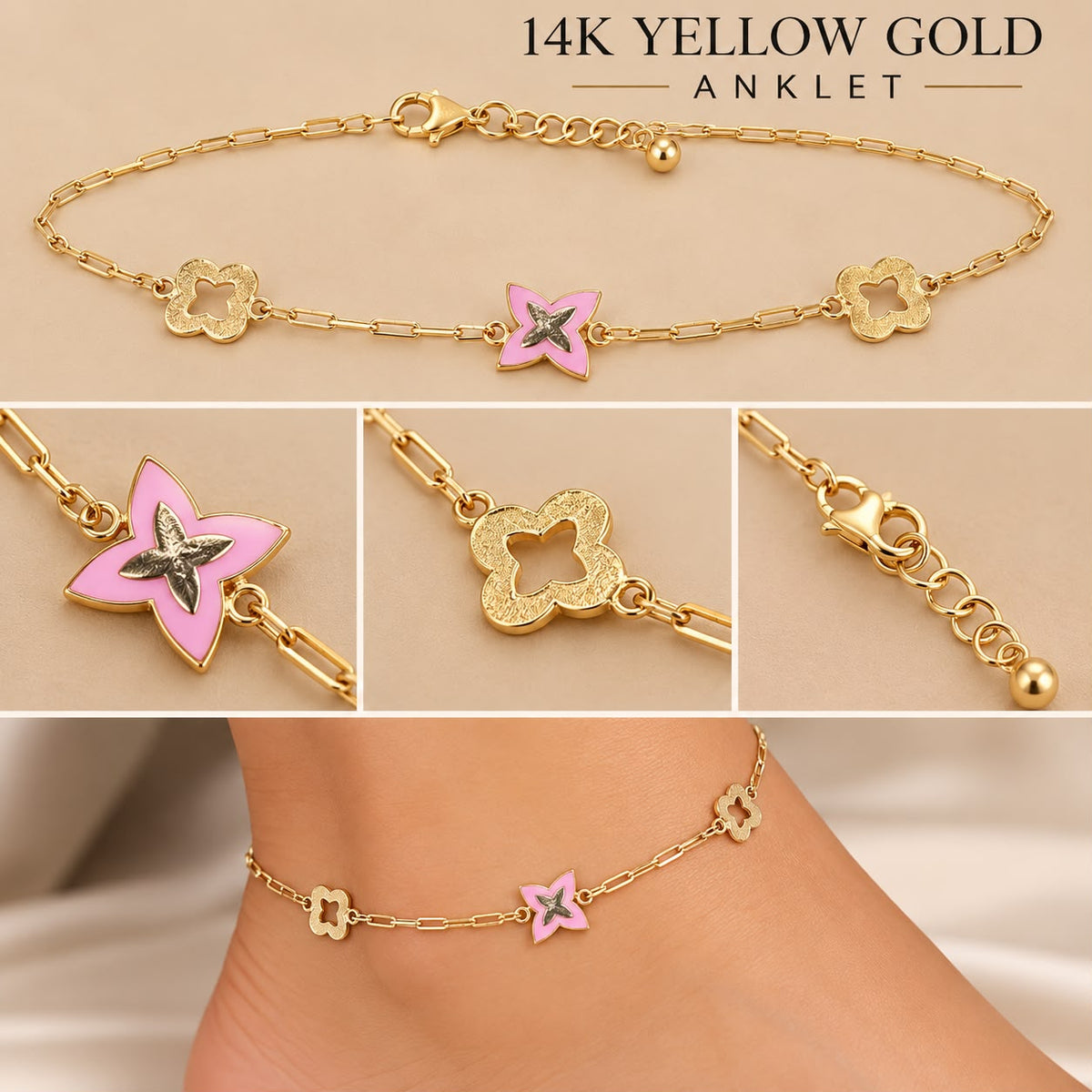 14K Yellow Gold 10” Anklet Pink Flower Design – 2.90 Grams