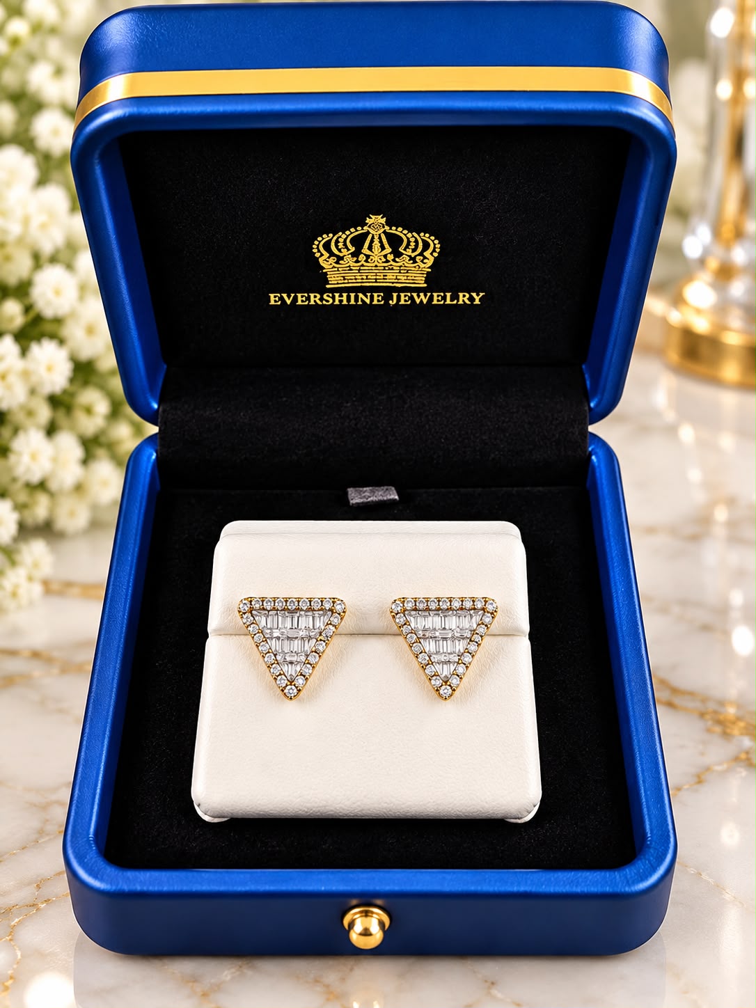 10K Yellow Gold Diamond Triangle Stud Earrings – Baguette & Round Diamonds