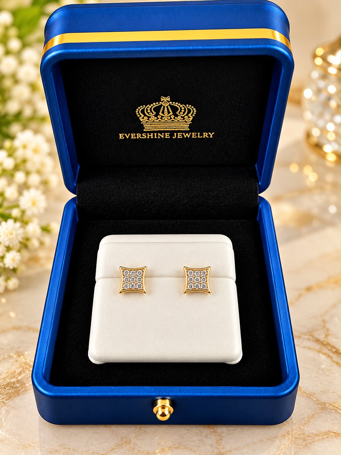 10K Yellow Gold Diamond Square Stud Earrings – Pavé Cluster Design